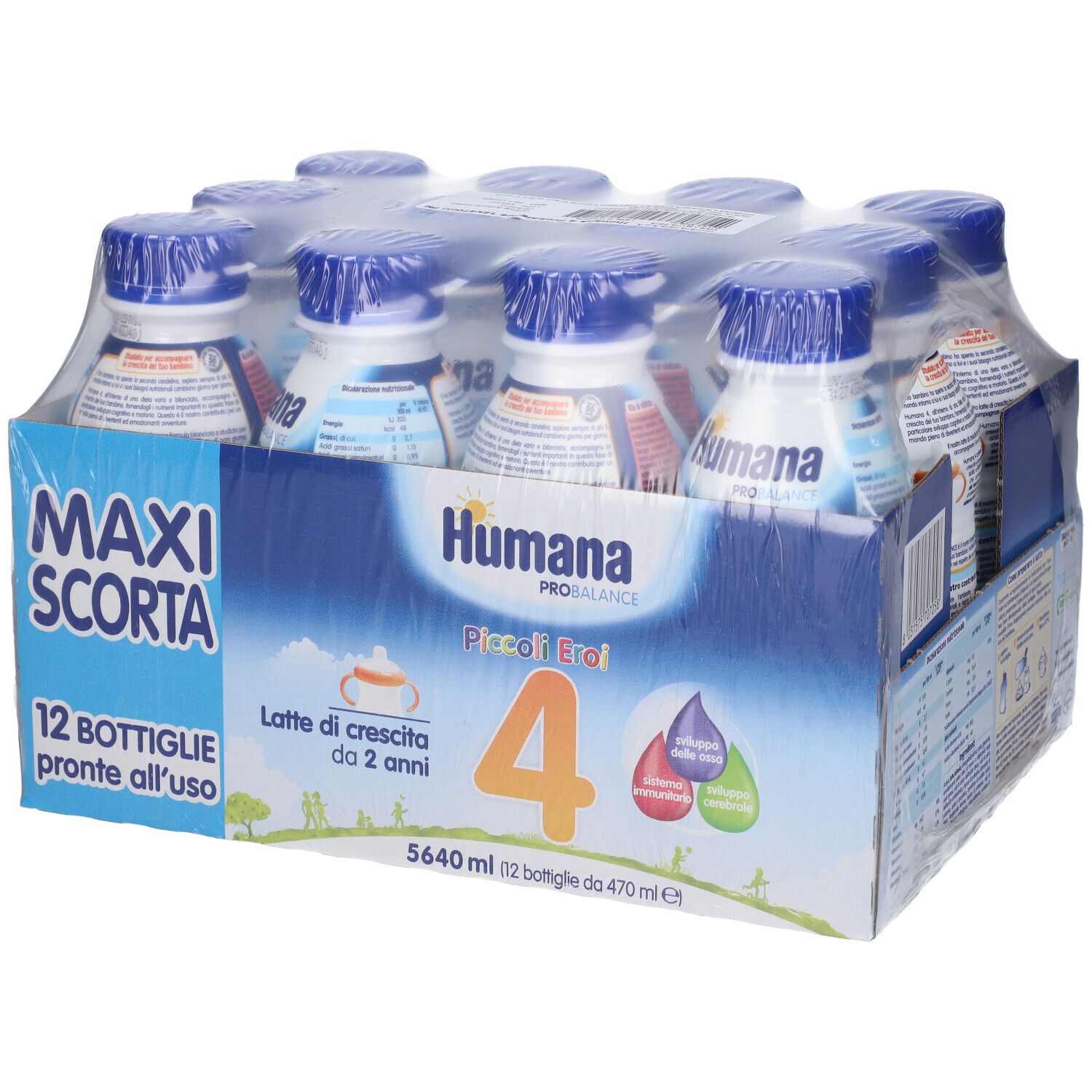 Humana Probalance 4 Multipack da 12 bottiglie. Confezione con bottiglie in pellicola. Scritta: Maxi Scorta, 12 bottiglie.