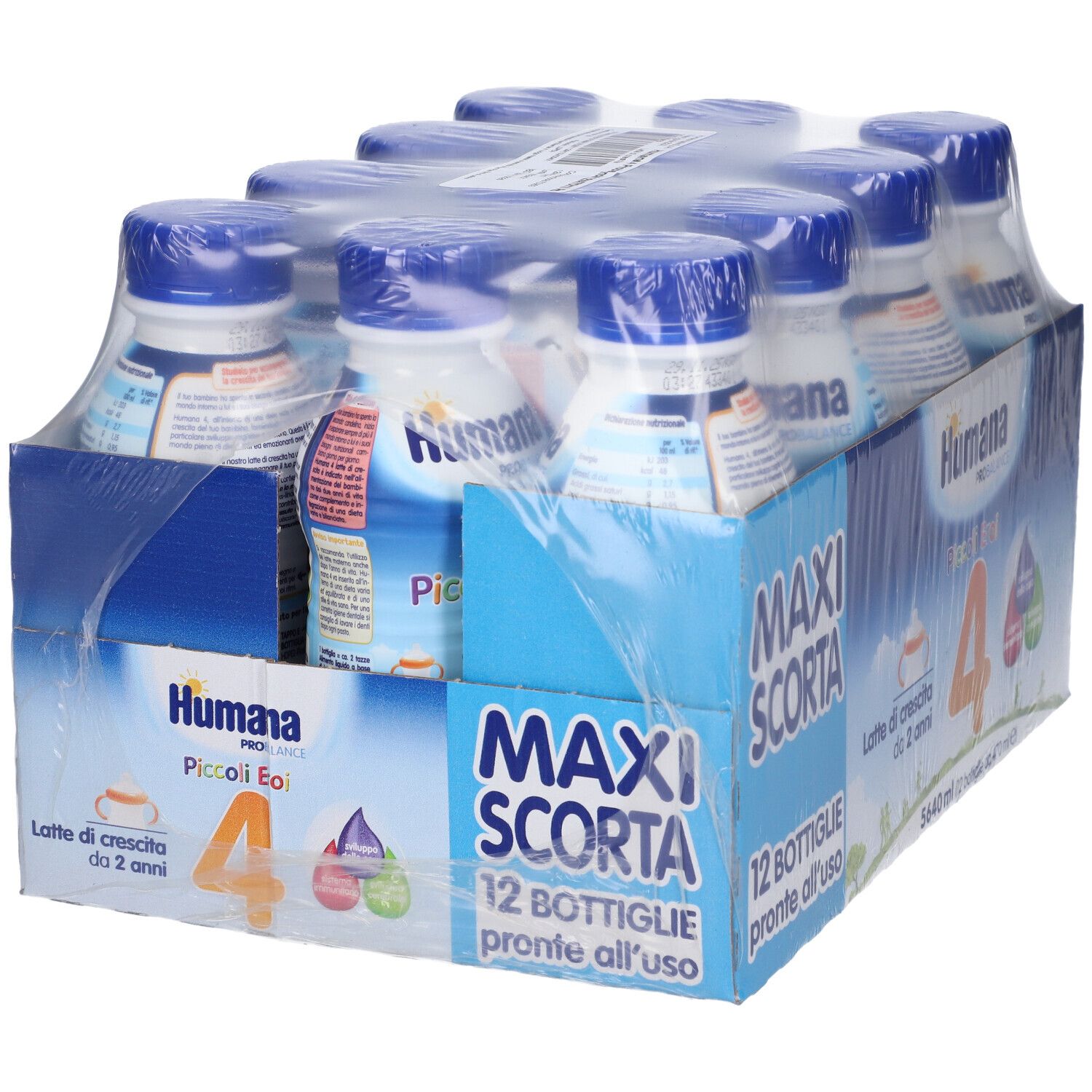 Humana Probalance 4 Multipack da 12 bottiglie. Confezione con bottiglie in pellicola. Scritta: Maxi Scorta, 12 bottiglie.