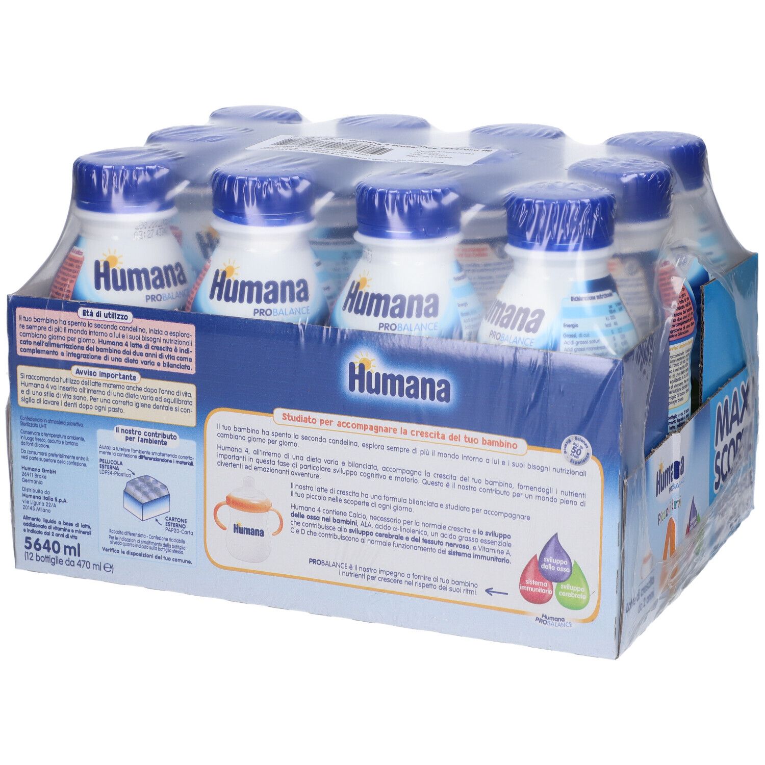 Humana Probalance 4 Multipack da 12 bottiglie. Confezione con bottiglie in pellicola. Testo sulla confezione e sulle bottiglie.