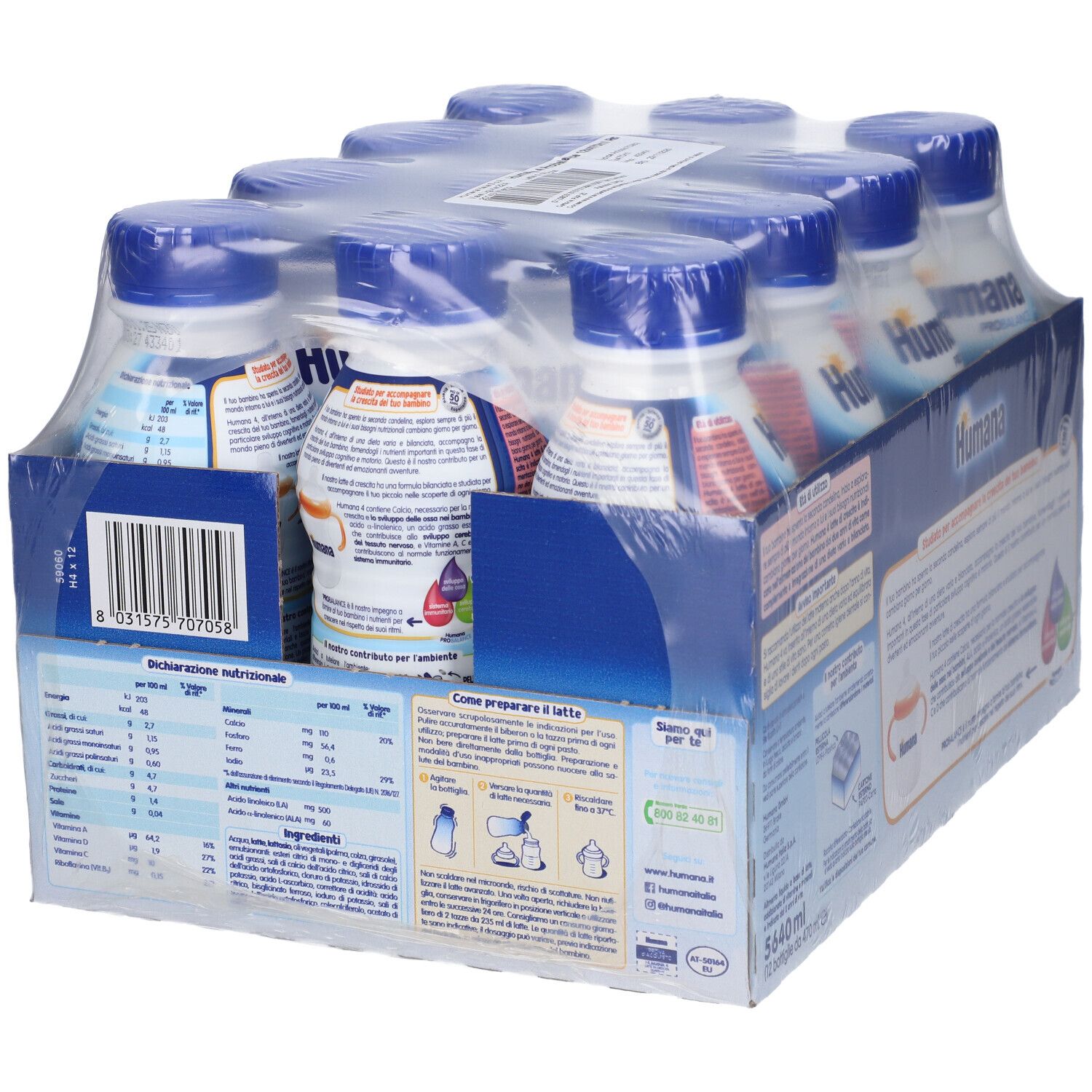 Humana Probalance 4 Multipack da 12 bottiglie. Confezione con bottiglie in pellicola. Retro della confezione con testo e valori nutrizionali.