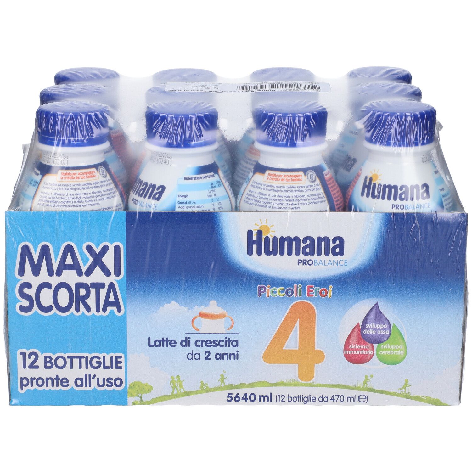 Humana Probalance 4 Multipack da 12 bottiglie. Confezione con bottiglie in pellicola. Scritta: Maxi Scorta, 12 bottiglie.
