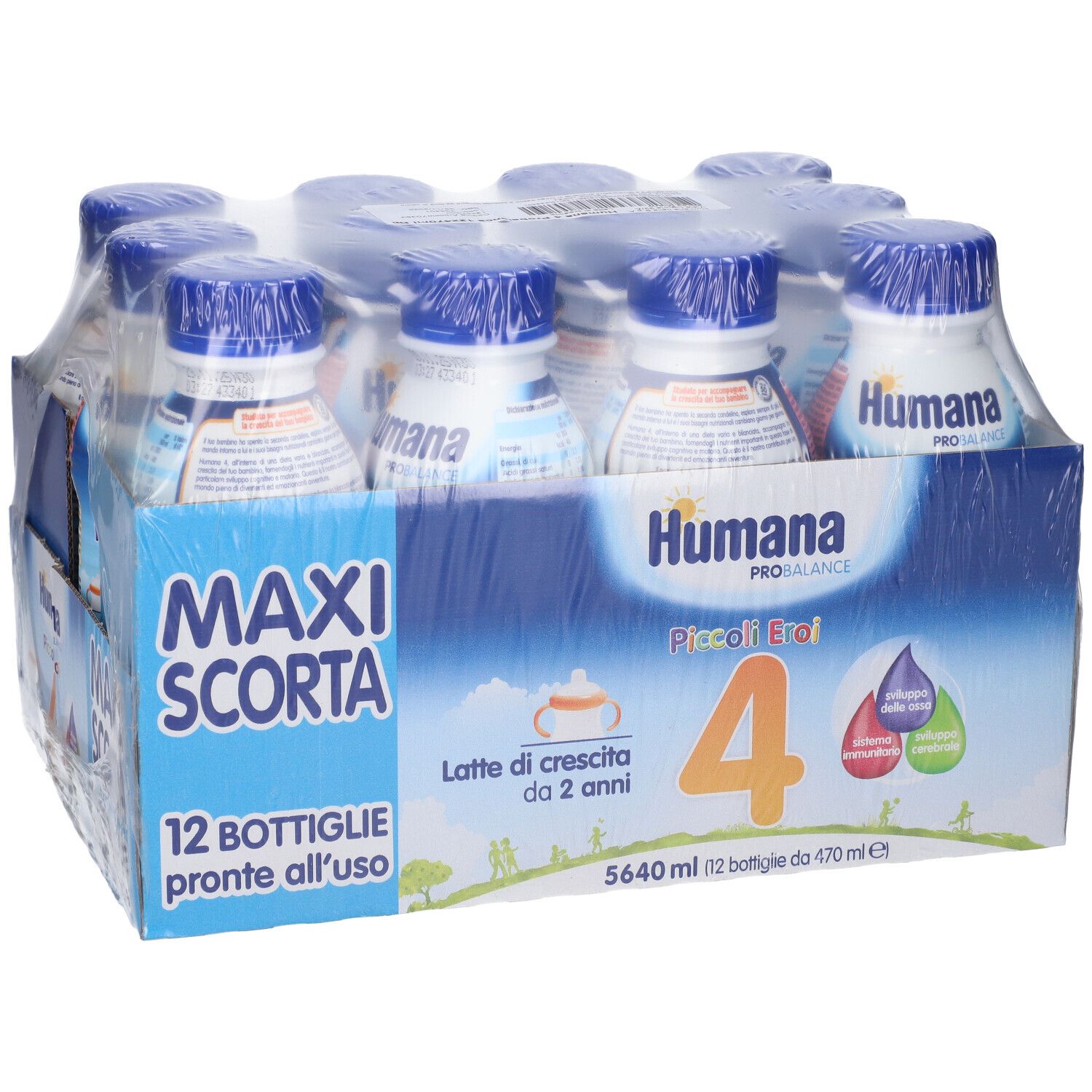 Humana Probalance 4 Multipack da 12 bottiglie. Confezione con bottiglie in pellicola. Scritta: Maxi Scorta, 12 bottiglie.