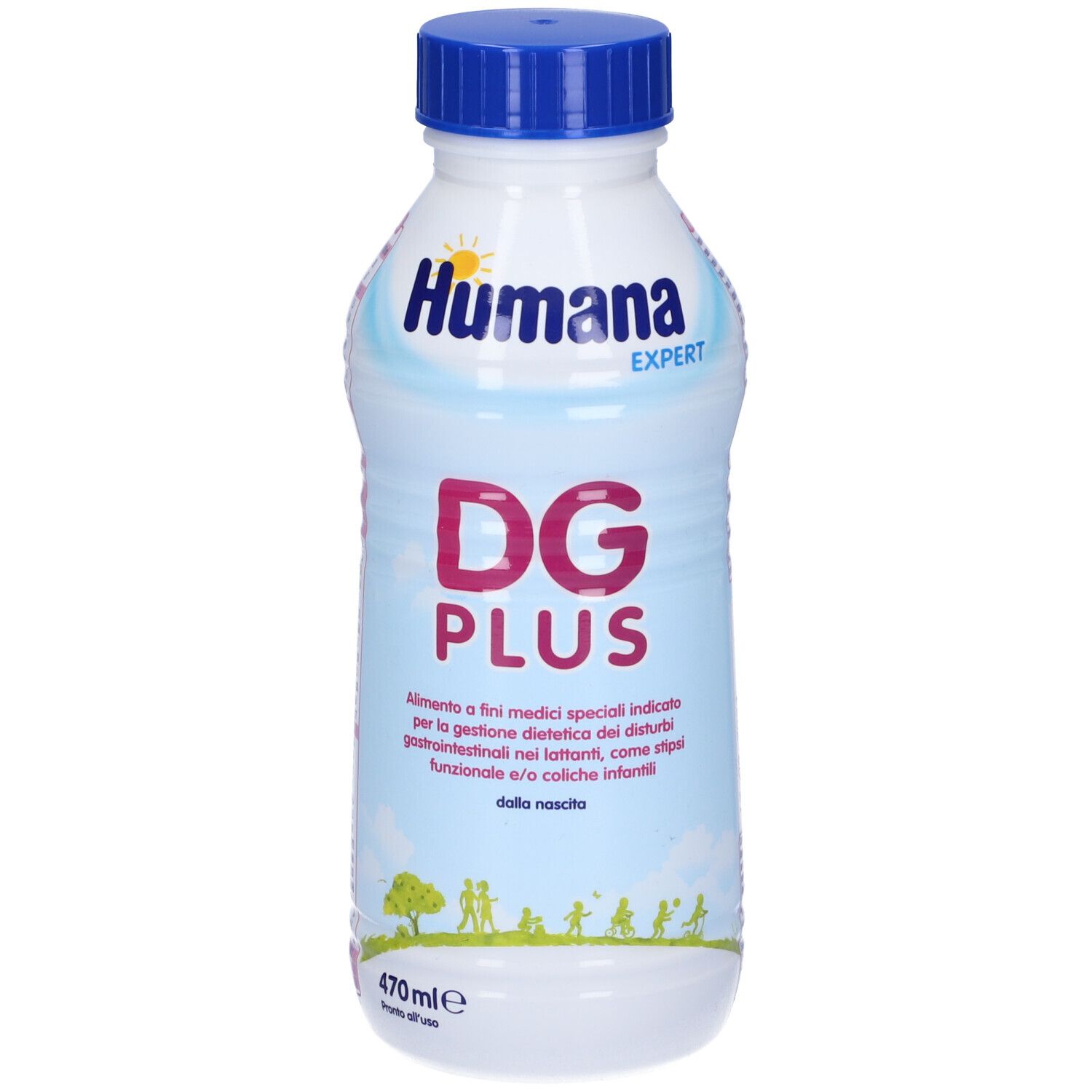 Bottiglia bianca con tappo blu. Scritta Humana Expert, DG Plus. 470 ml. Testo in italiano.