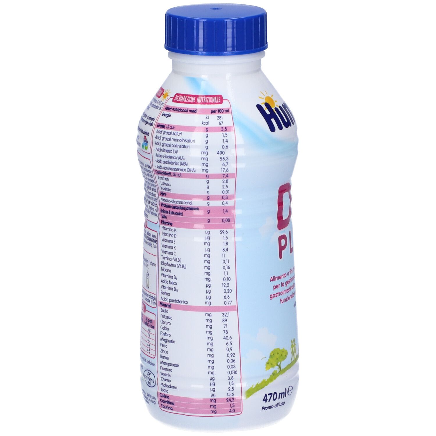 Bottiglia bianca con tappo blu. Scritta Humana Expert, DG Plus. 470 ml. Testo in italiano.