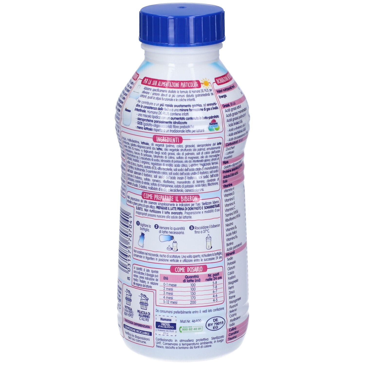 Bottiglia bianca con tappo blu. Scritta Humana Expert, DG Plus. 470 ml. Testo in italiano.