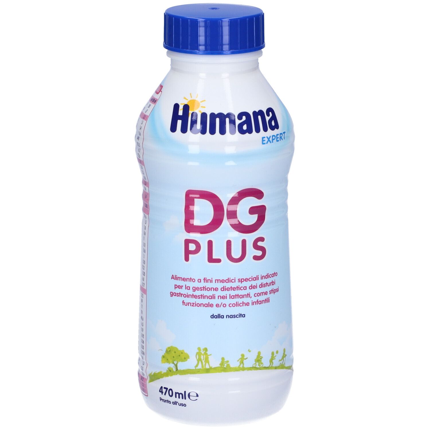 Bottiglia bianca con tappo blu. Scritta Humana Expert, DG Plus. 470 ml. Testo in italiano.