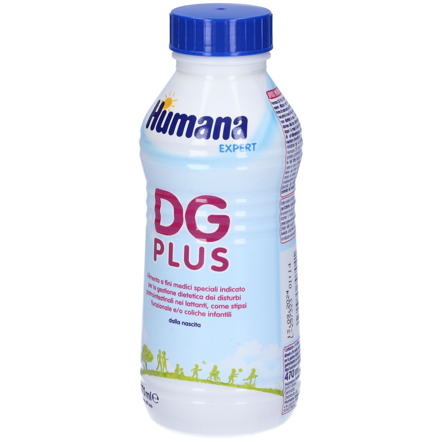Bottiglia bianca con tappo blu. Scritta Humana Expert, DG Plus. 470 ml. Testo in italiano.