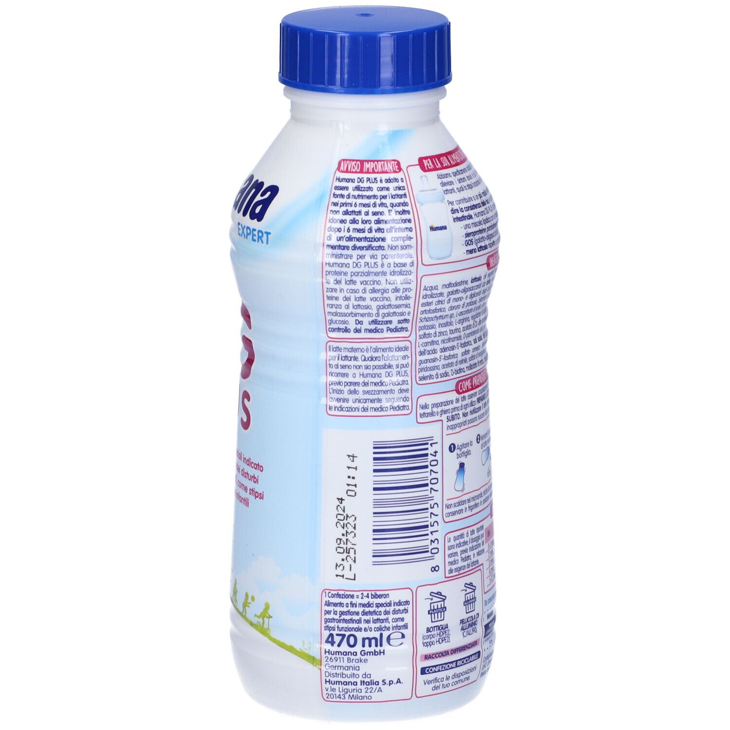 Bottiglia bianca con tappo blu. Scritta Humana Expert, DG Plus. 470 ml. Testo in italiano.