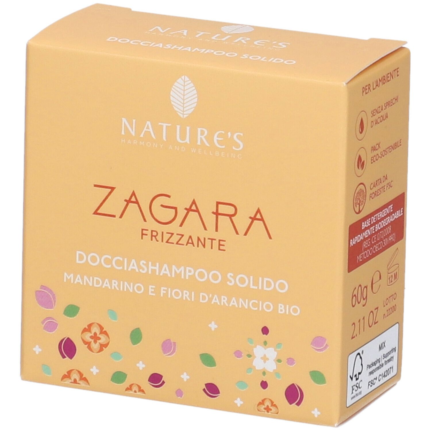Scatola gialla con informazioni prodotto. Scritto: Zagara Frizzante, Docciashampoo Solido, Mandarino e Fiori d'Arancio Bio. Logo FSC.