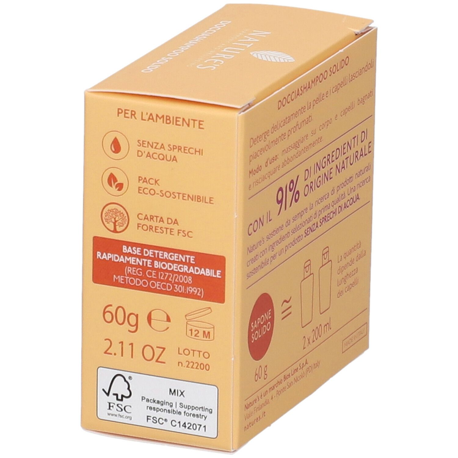 Scatola gialla con informazioni prodotto. Scritto: Docciashampoo Solido, 60g, 2.11 OZ. Logo FSC. Rapidamente biodegradabile.