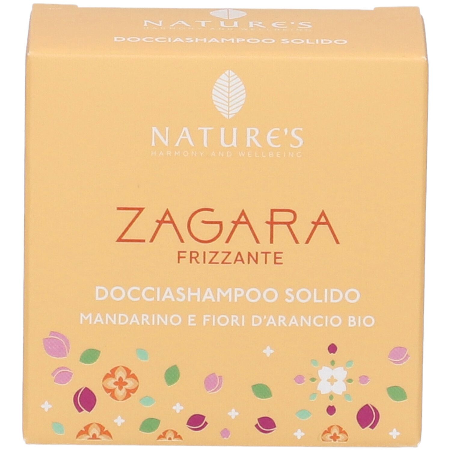 Scatola gialla con informazioni prodotto. Scritto: Nature's, Zagara Frizzante, Docciashampoo Solido, Mandarino e Fiori d'Arancio Bio.