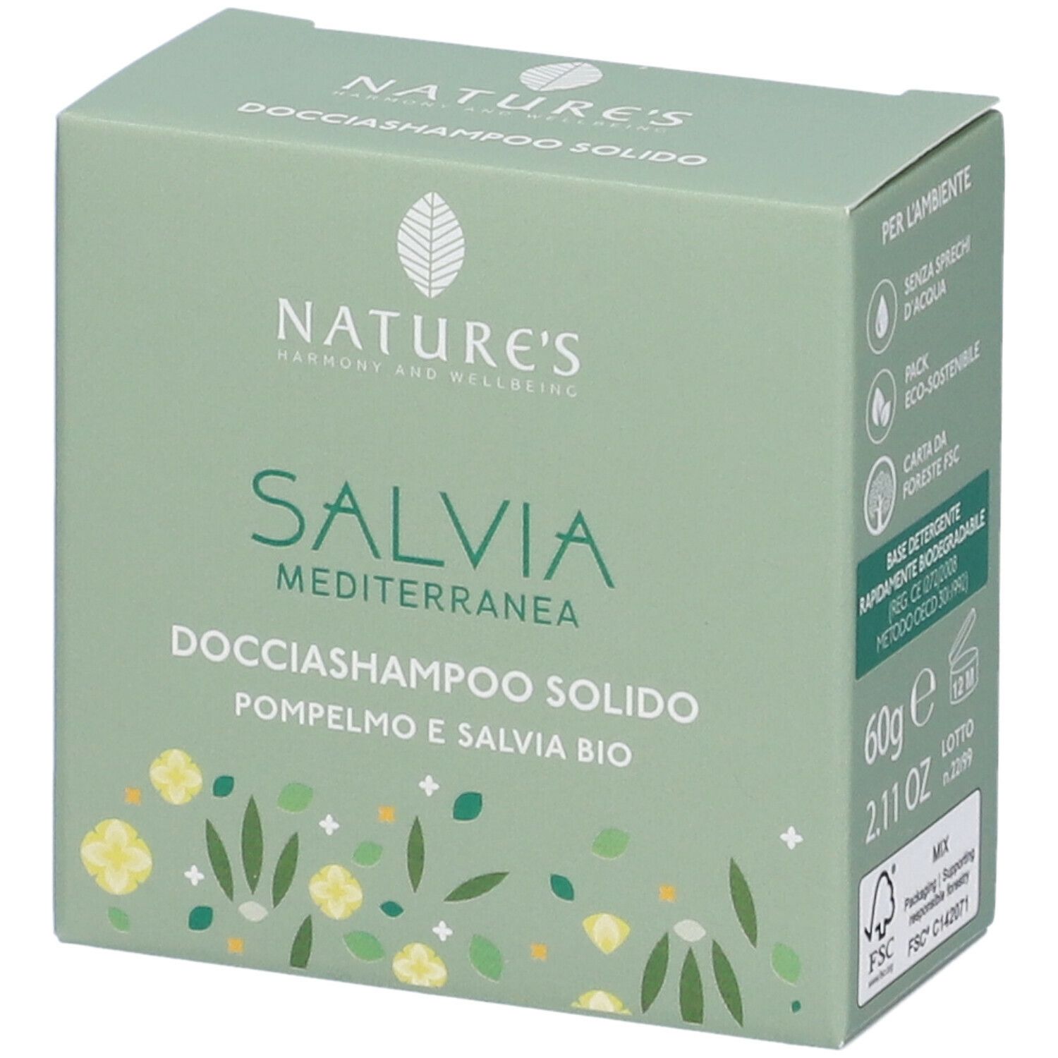 Scatola verde con nome e logo del prodotto. Contiene 'Salvia Mediterranea Docciashampoo Solido'. Certificazione FSC.