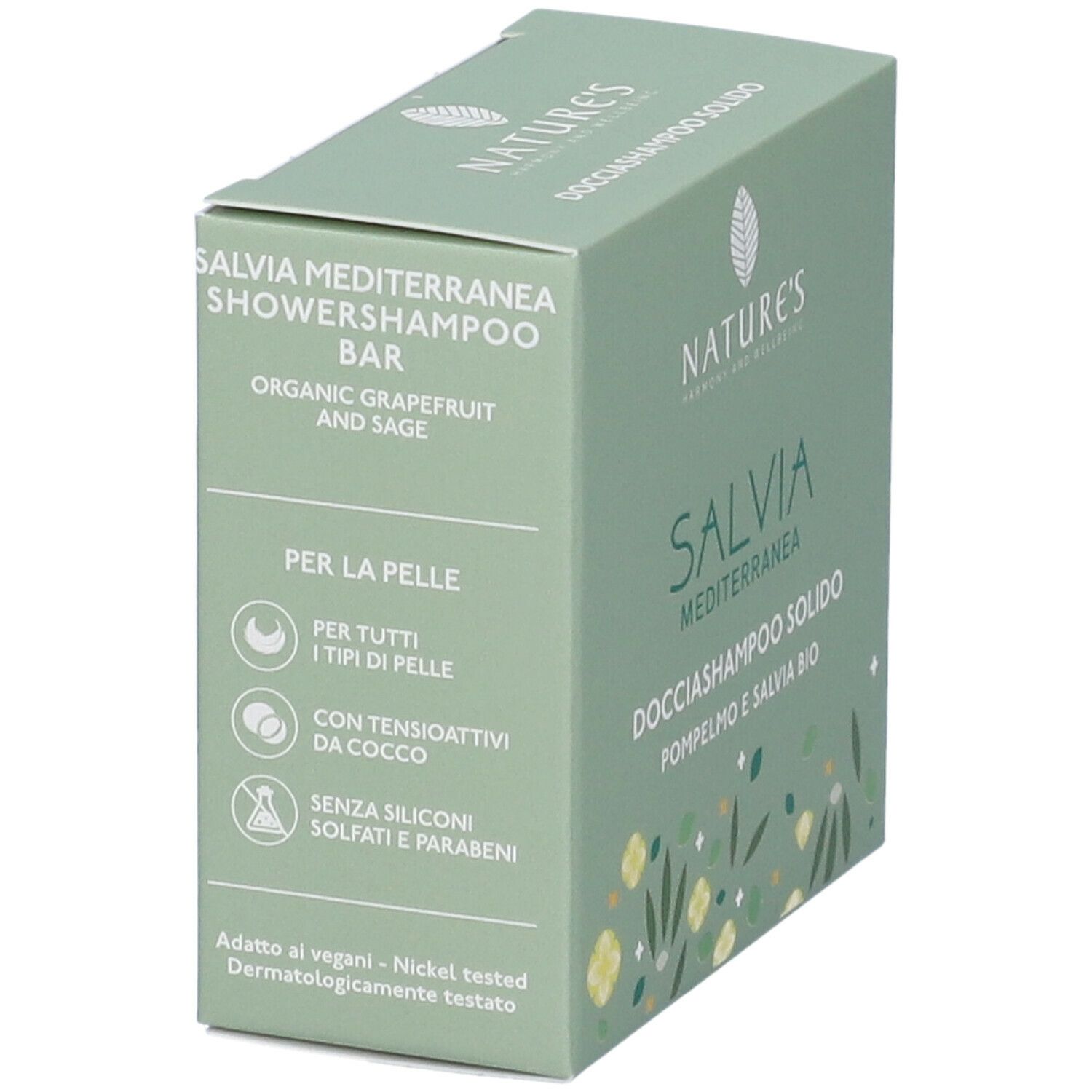 Scatola verde, vista laterale. Testo: 'Salvia Mediterranea Showershampoo Bar'. Contiene informazioni sugli ingredienti e i tipi di pelle.