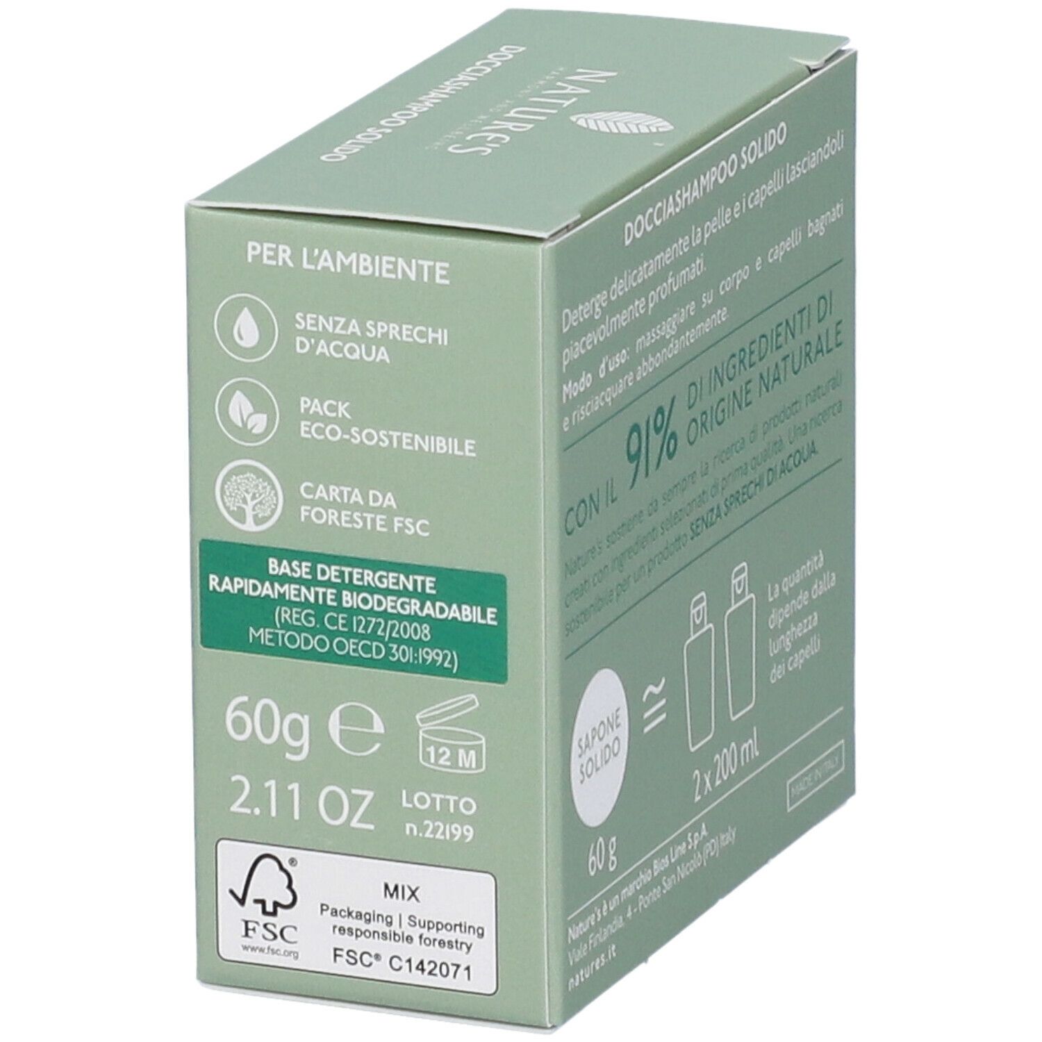 Scatola verde con informazioni sul prodotto. Contiene 'Docciashampoo Solido' e certificazione FSC. '60g' e '2.11 OZ' visibili.