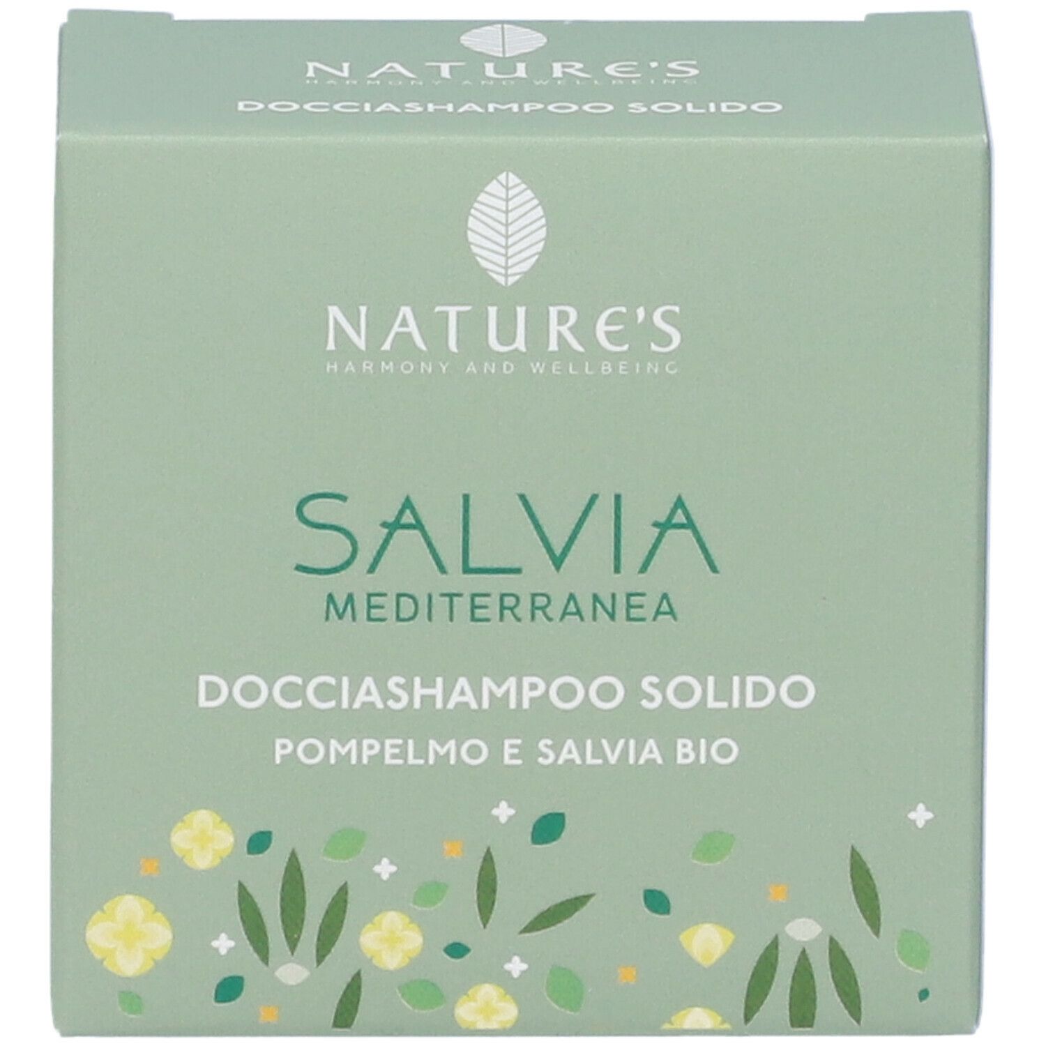Scatola verde con nome e logo del prodotto. Contiene 'Salvia Mediterranea Docciashampoo Solido'.