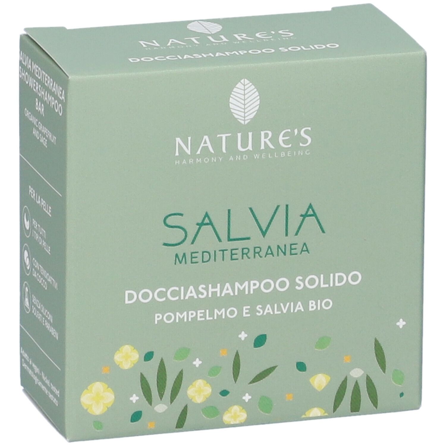 Scatola verde con nome e logo del prodotto. Contiene 'Salvia Mediterranea Showershampoo Bar'.