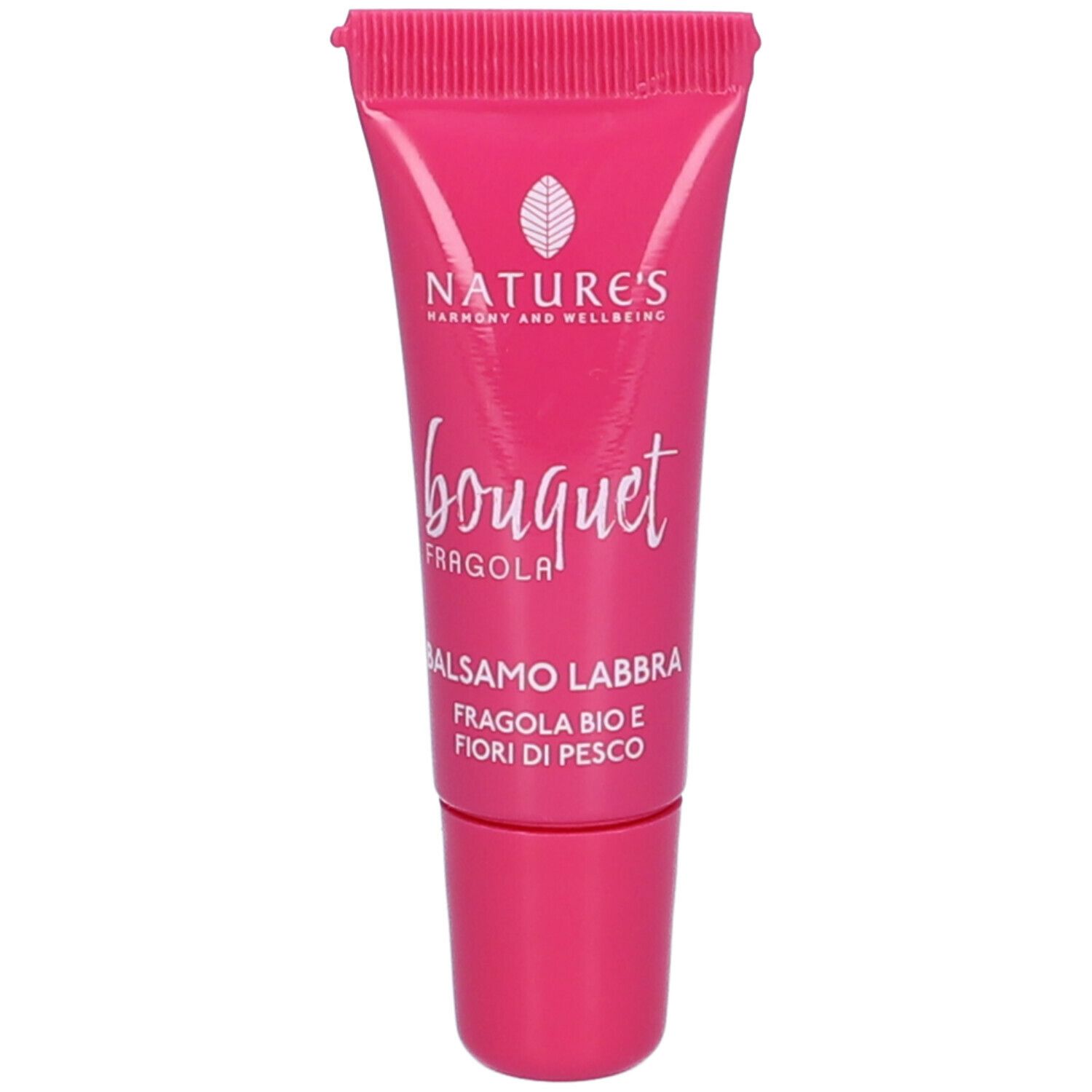 Tubo di balsamo labbra rosa. Scritta: Nature's Bouquet, Fragola, Balsamo Labbra. Fragola bio e fiori di pesco.
