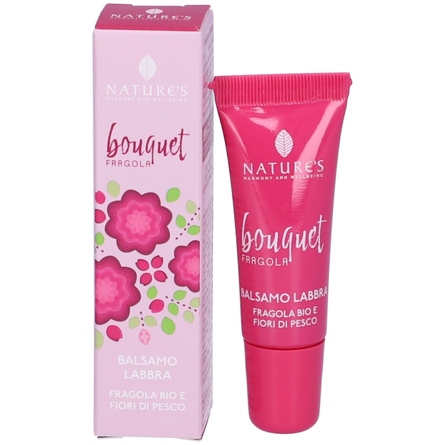 Confezione del prodotto con tubo di balsamo labbra. Scritta: Nature's Bouquet, Fragola, Balsamo Labbra. Fragola bio e fiori di pesco.