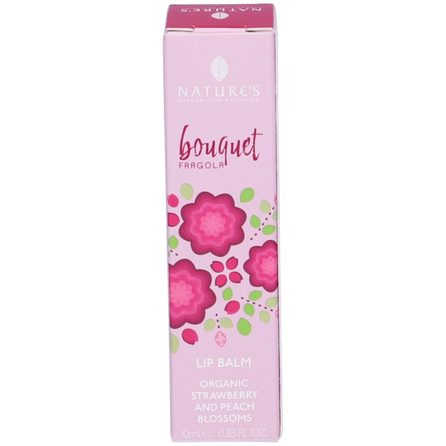 Confezione del prodotto. Scritta: Nature's Bouquet, Lip Balm, Organic Strawberry and Peach Blossoms. 10ml 0.33FL.OZ.