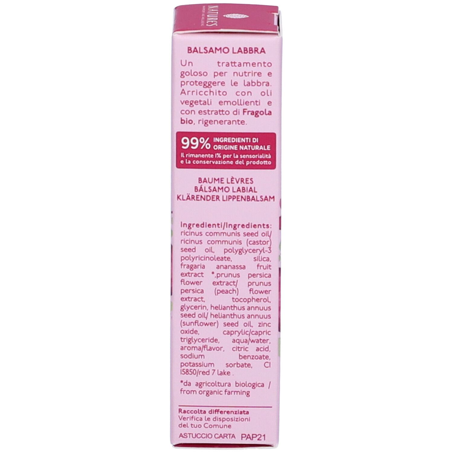 Retro della confezione del prodotto. Testo sugli ingredienti, l'uso e l'origine. Sfondo rosa.