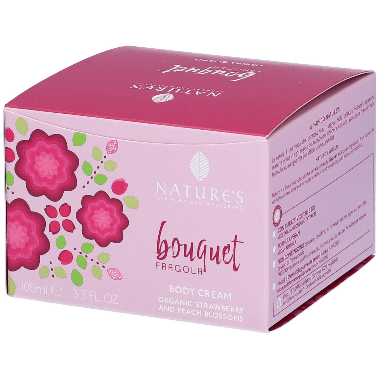 Scatola rosa con motivo floreale e nome del prodotto. Testo: Nature's Bouquet Fragola Crema Corpo. 100ml, 3.3 fl. oz.