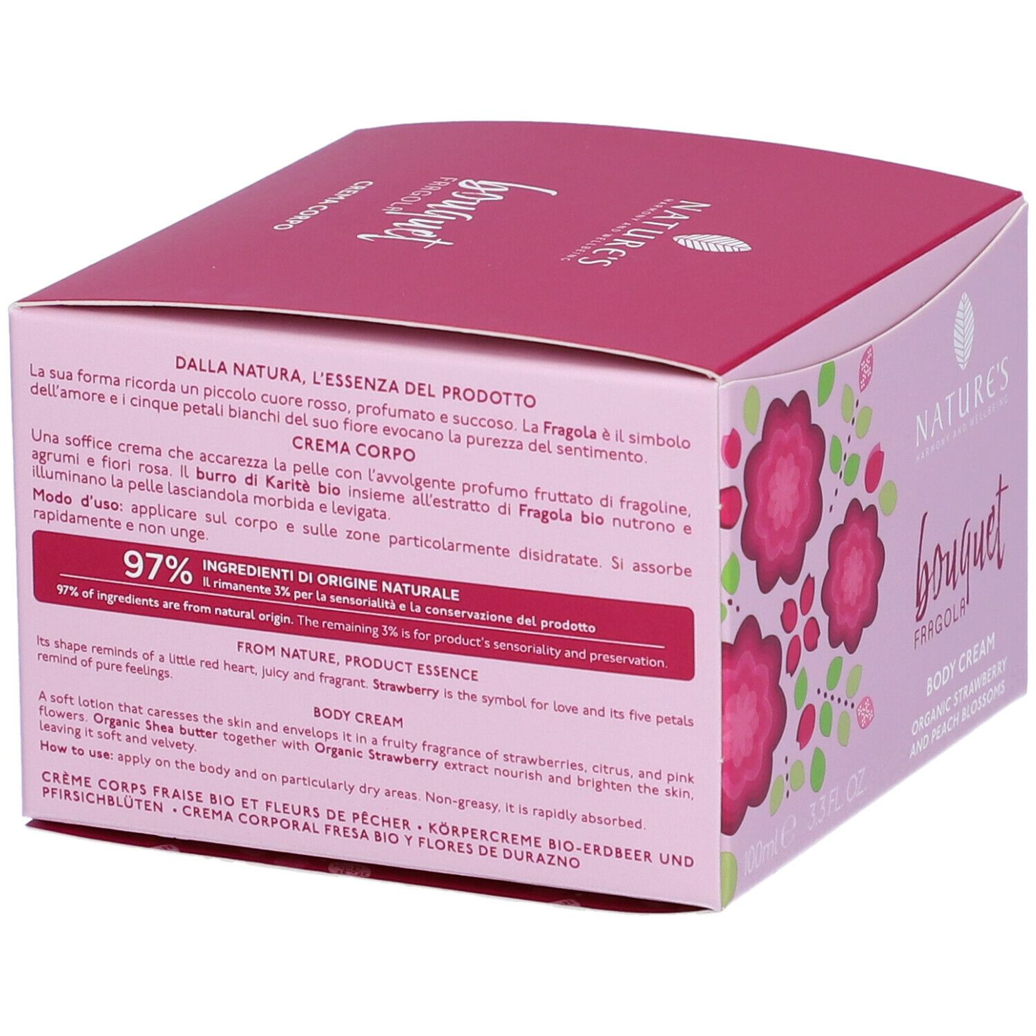 Scatola rosa con motivo floreale e informazioni sul prodotto. Testo: Nature's Bouquet Fragola Crema Corpo. 97% ingredienti di origine naturale.