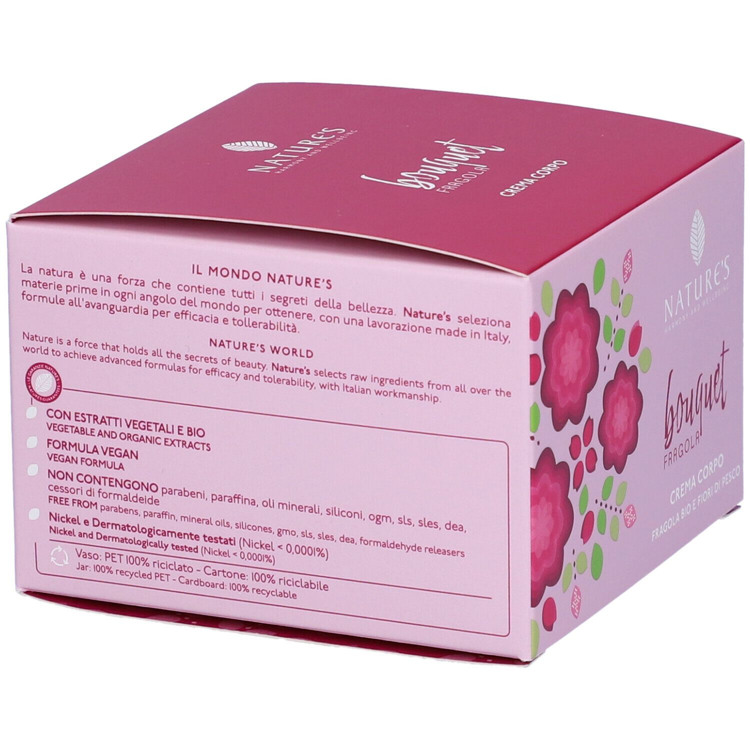 Scatola rosa con motivo floreale e informazioni sul prodotto. Testo: Nature's Bouquet Fragola Crema Corpo. Vegano, senza parabeni.