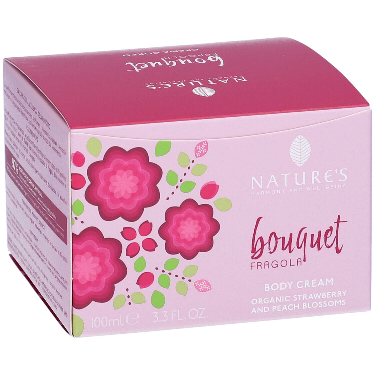 Scatola rosa con motivo floreale e nome del prodotto. Testo: Nature's Bouquet Fragola Crema Corpo. 100ml, 3.3 fl. oz.