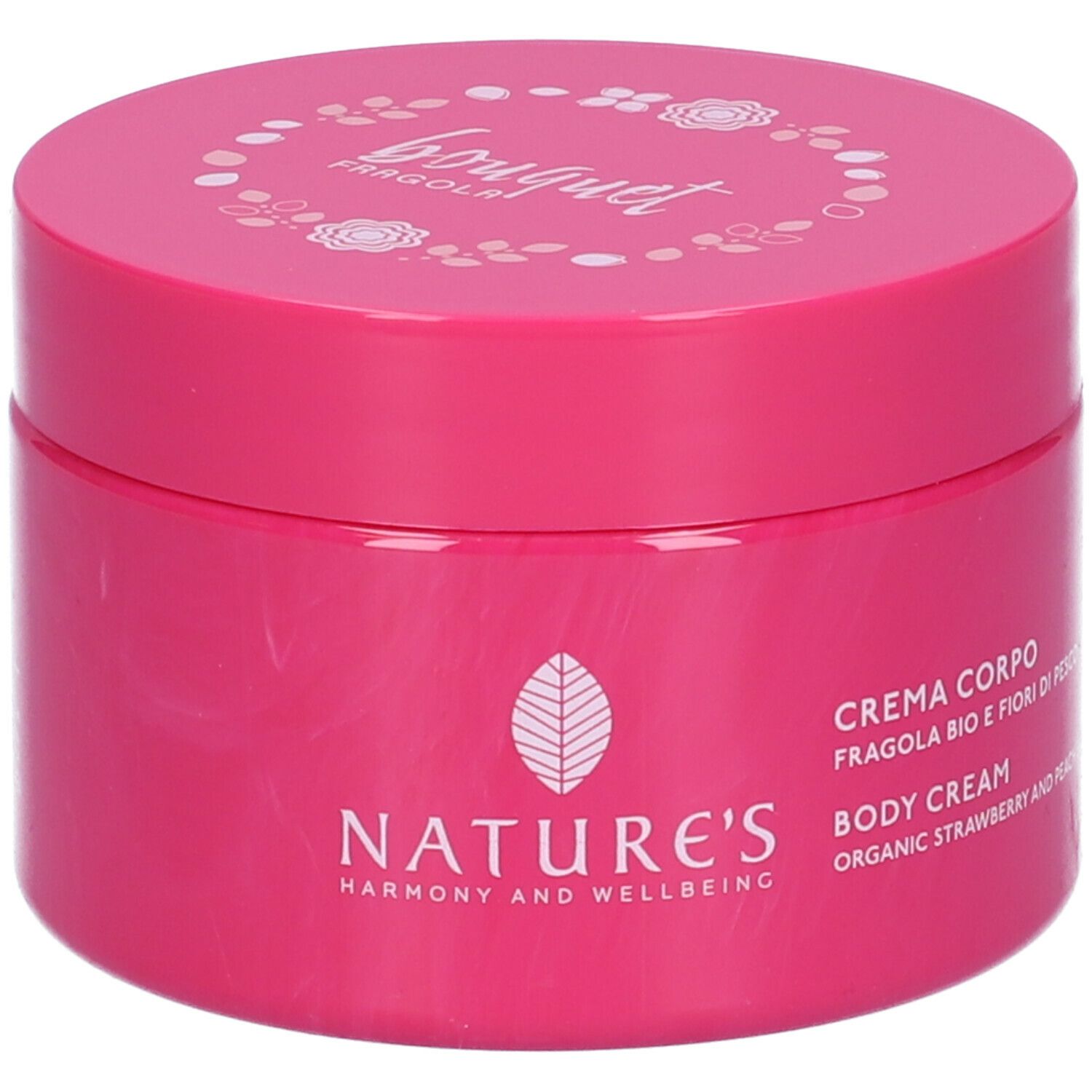 Vaso di crema rosa con coperchio bianco. Scritte: Nature's, Bouquet, Fragola, Crema Corpo, Body Cream.