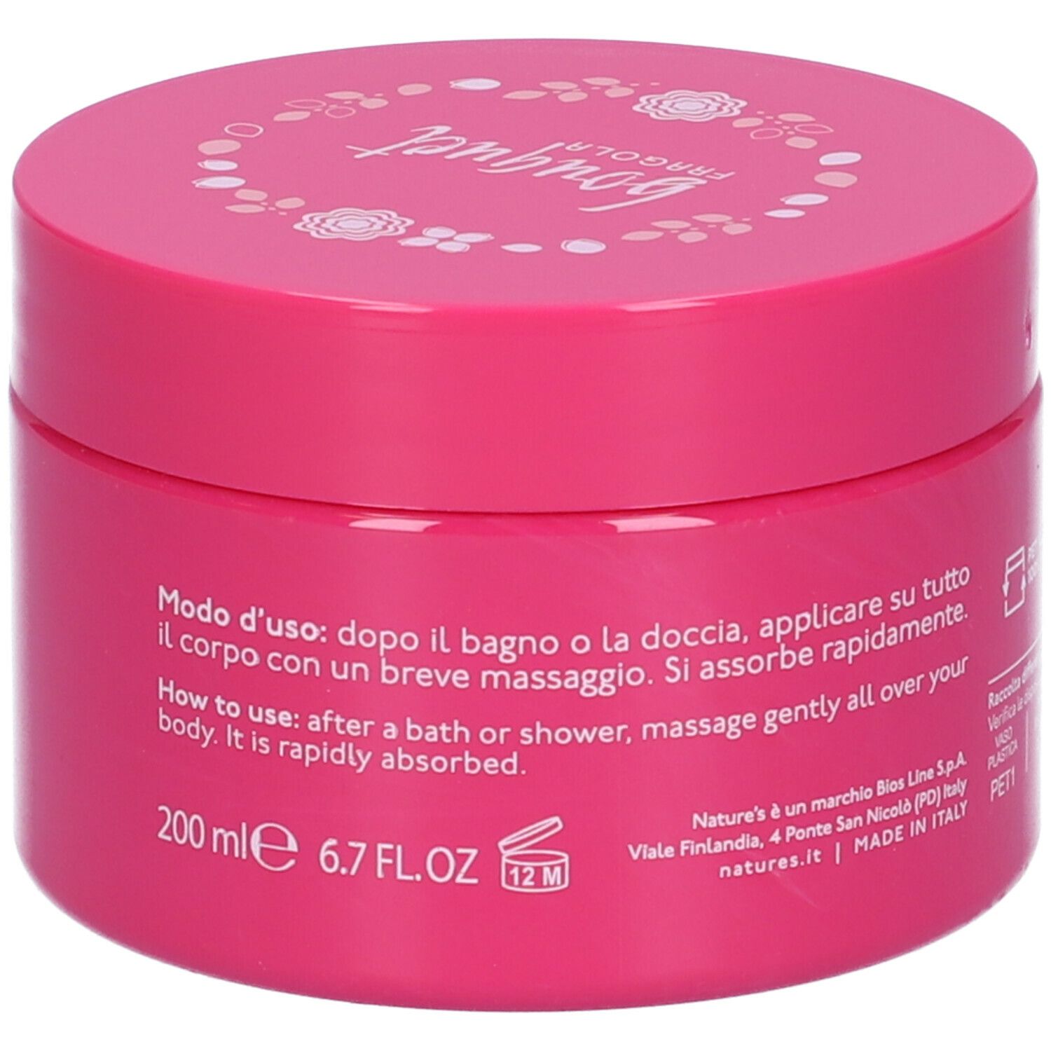 Vaso di crema rosa. Scritte: Modo d'uso, 200 ml, 6.7 FL.OZ, 12M. Testo in italiano e inglese.