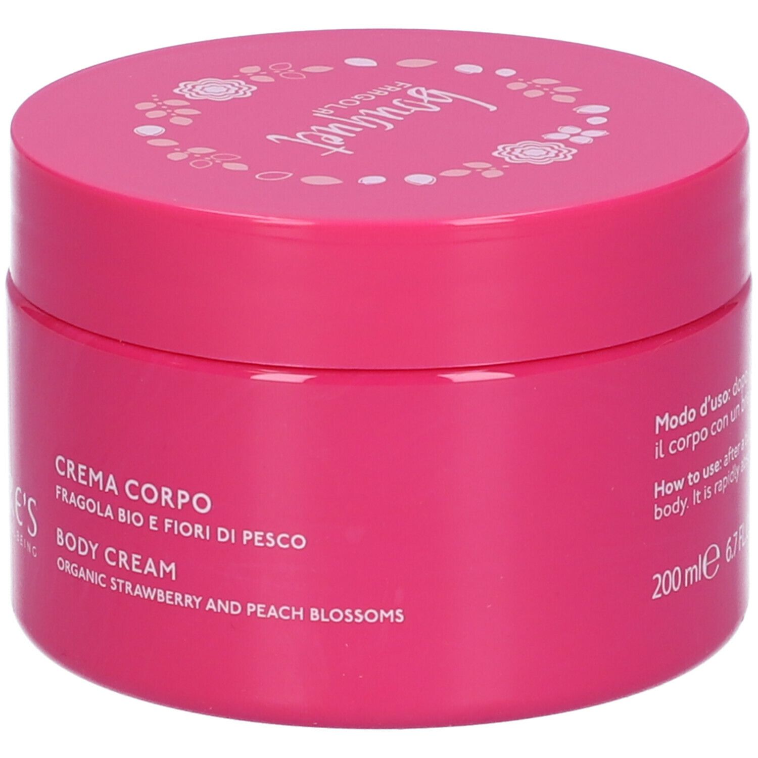 Vaso di crema rosa. Scritte: Crema Corpo, Body Cream, Fragola bio e fiori di pesco, 200 ml.