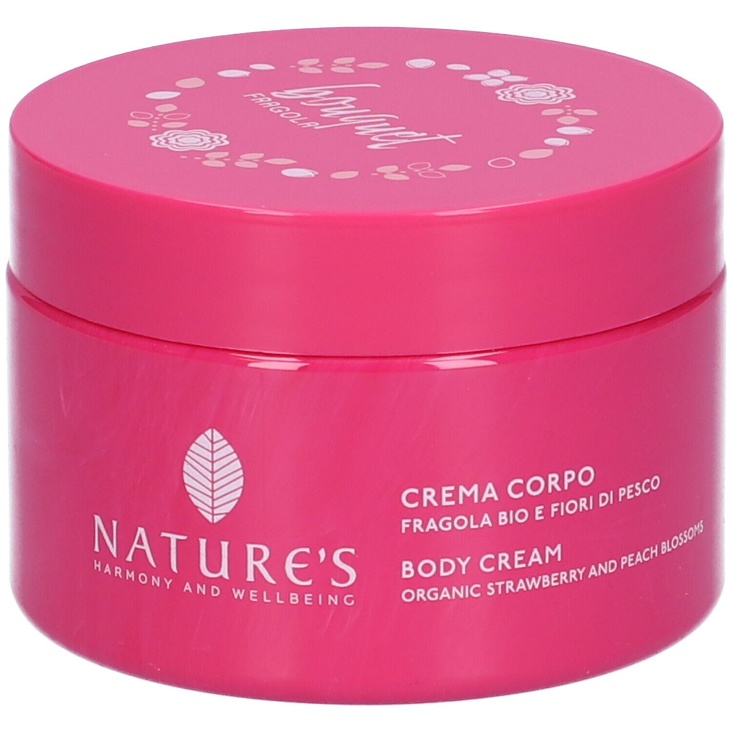 Vaso di crema rosa. Scritte: Nature's, Crema Corpo, Body Cream, Fragola bio e fiori di pesco.