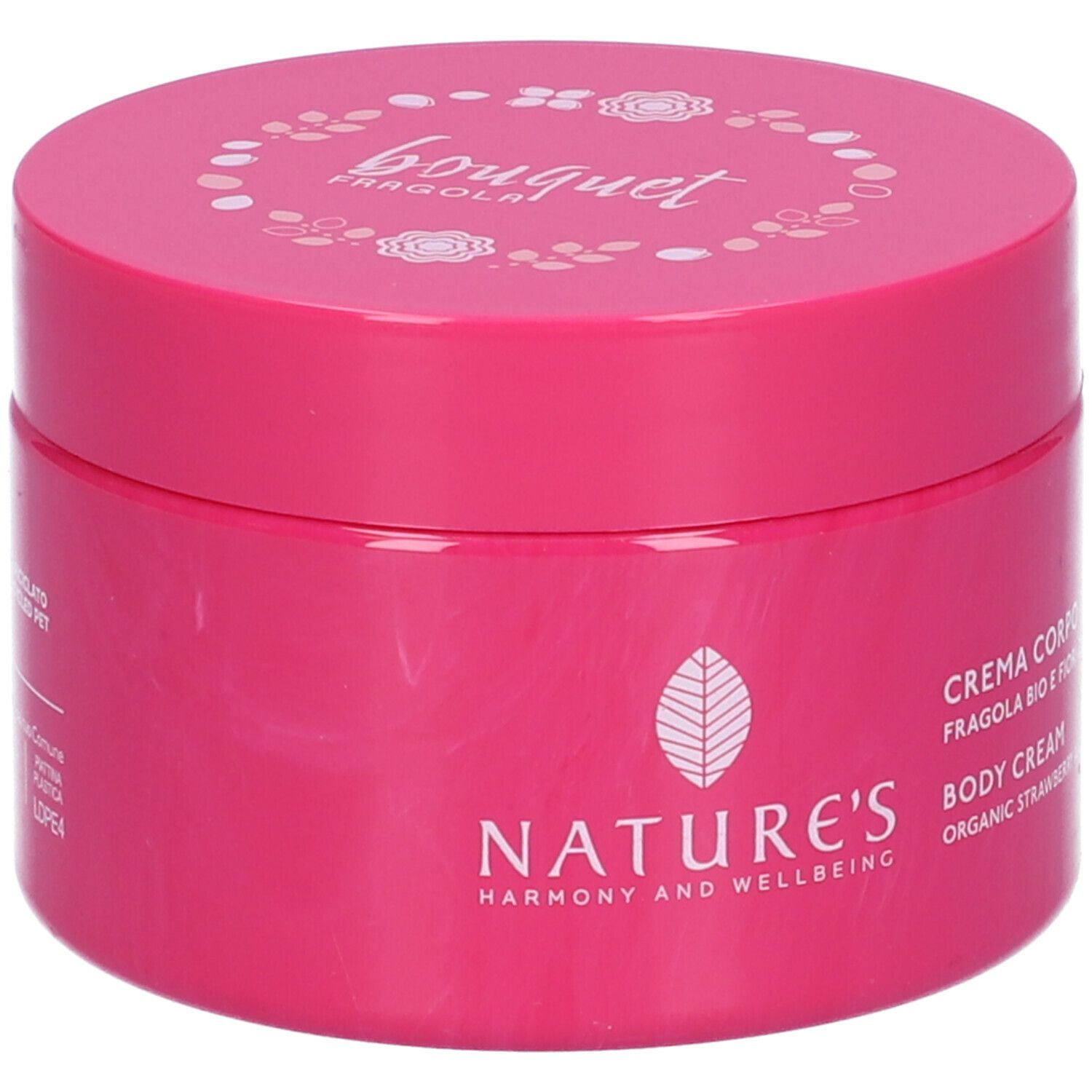 Vaso di crema rosa. Scritte: Nature's, Crema Corpo, Body Cream, Organic Strawberry and Peach Blossoms.