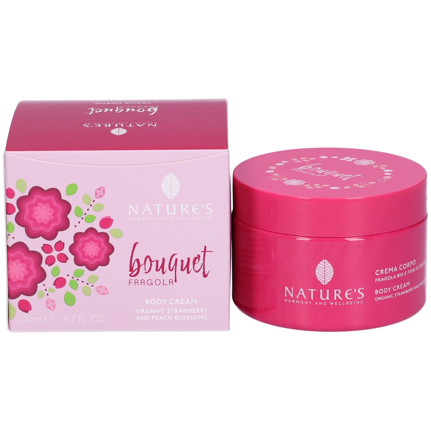Scatola e vaso rosa. Scritte: Nature's, Bouquet, Fragola, Body Cream, 200ml, 6.7 fl.oz.