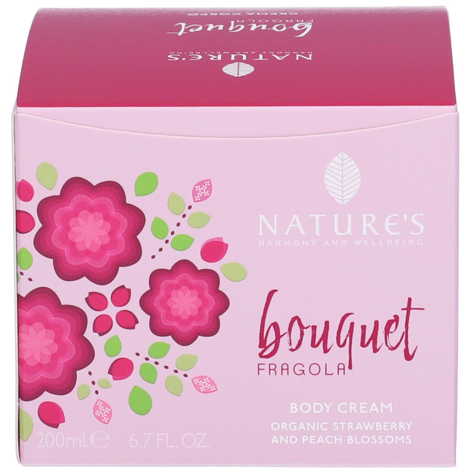 Scatola rosa con motivo floreale. Scritte: Nature's, Bouquet, Fragola, Body Cream, 200ml, 6.7 fl.oz.
