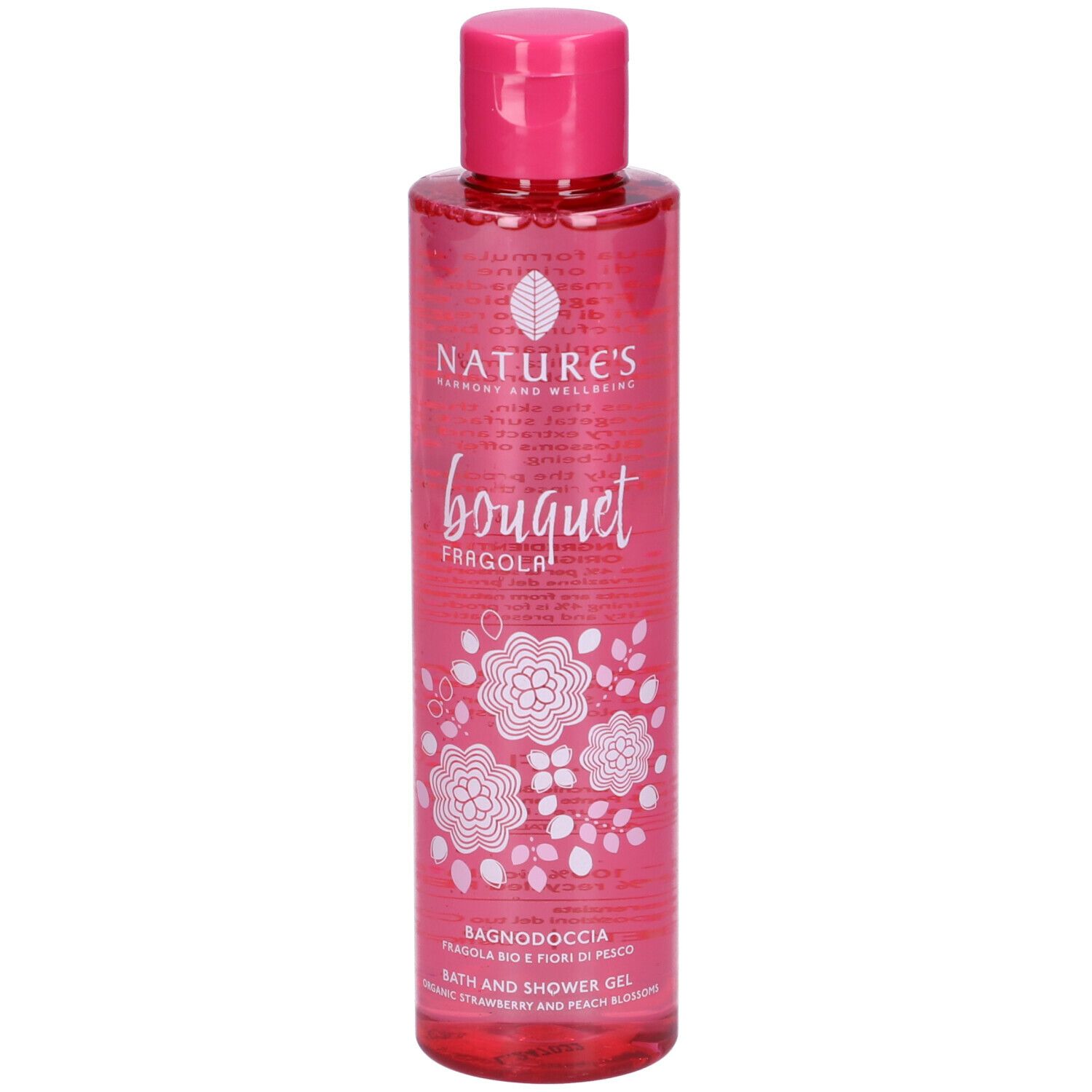 Flacone rosa con tappo rosa. Scritta Nature's bouquet Fragola Bagnodoccia. Decorazioni floreali.