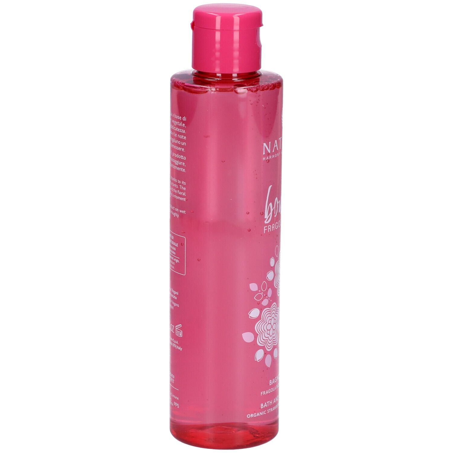 Flacone rosa con tappo rosa. Scritta Nature's bouquet Fragola Bagnodoccia. Retro con testo.