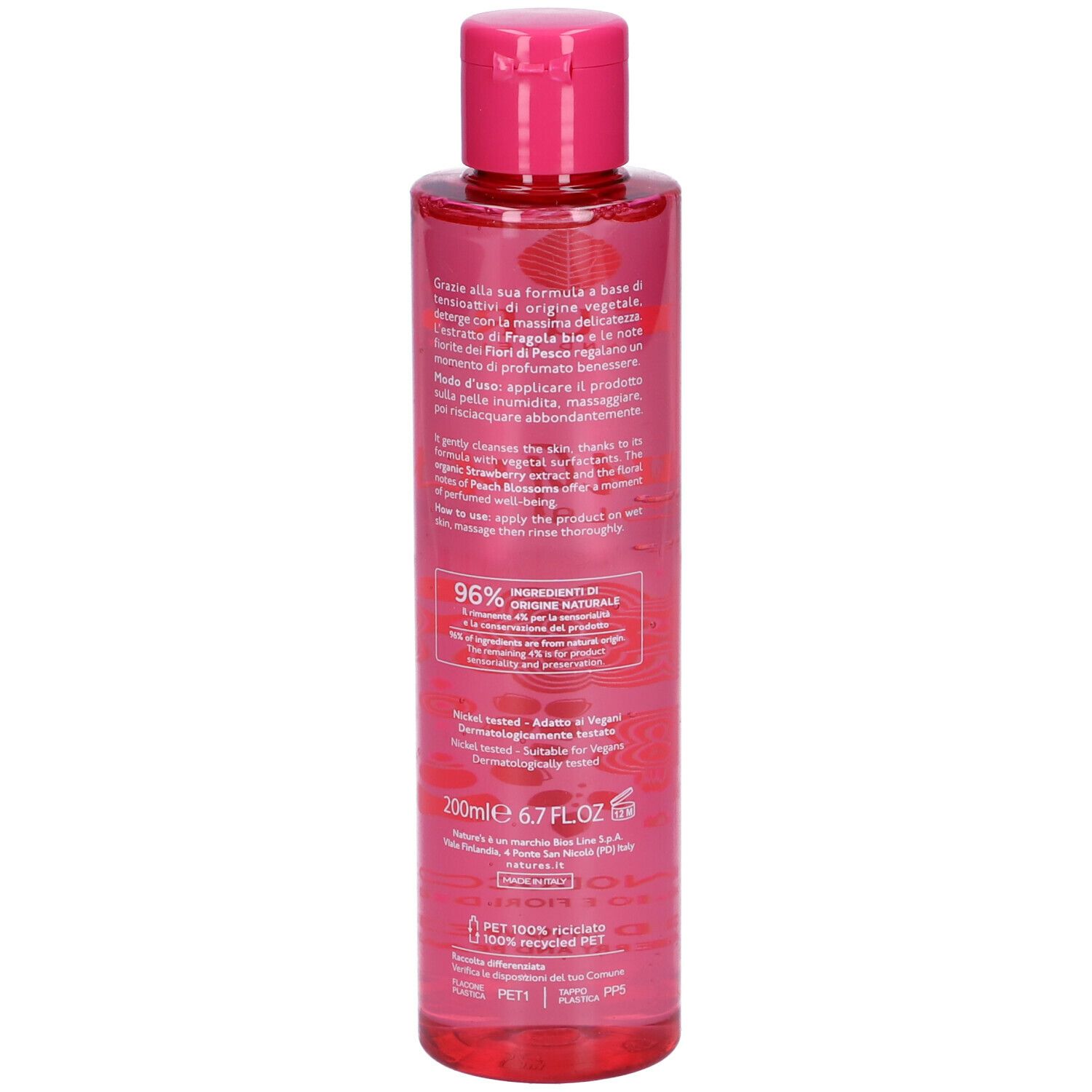 Flacone rosa con tappo rosa. Scritta Nature's bouquet Fragola Bagnodoccia. Retro con testo.
