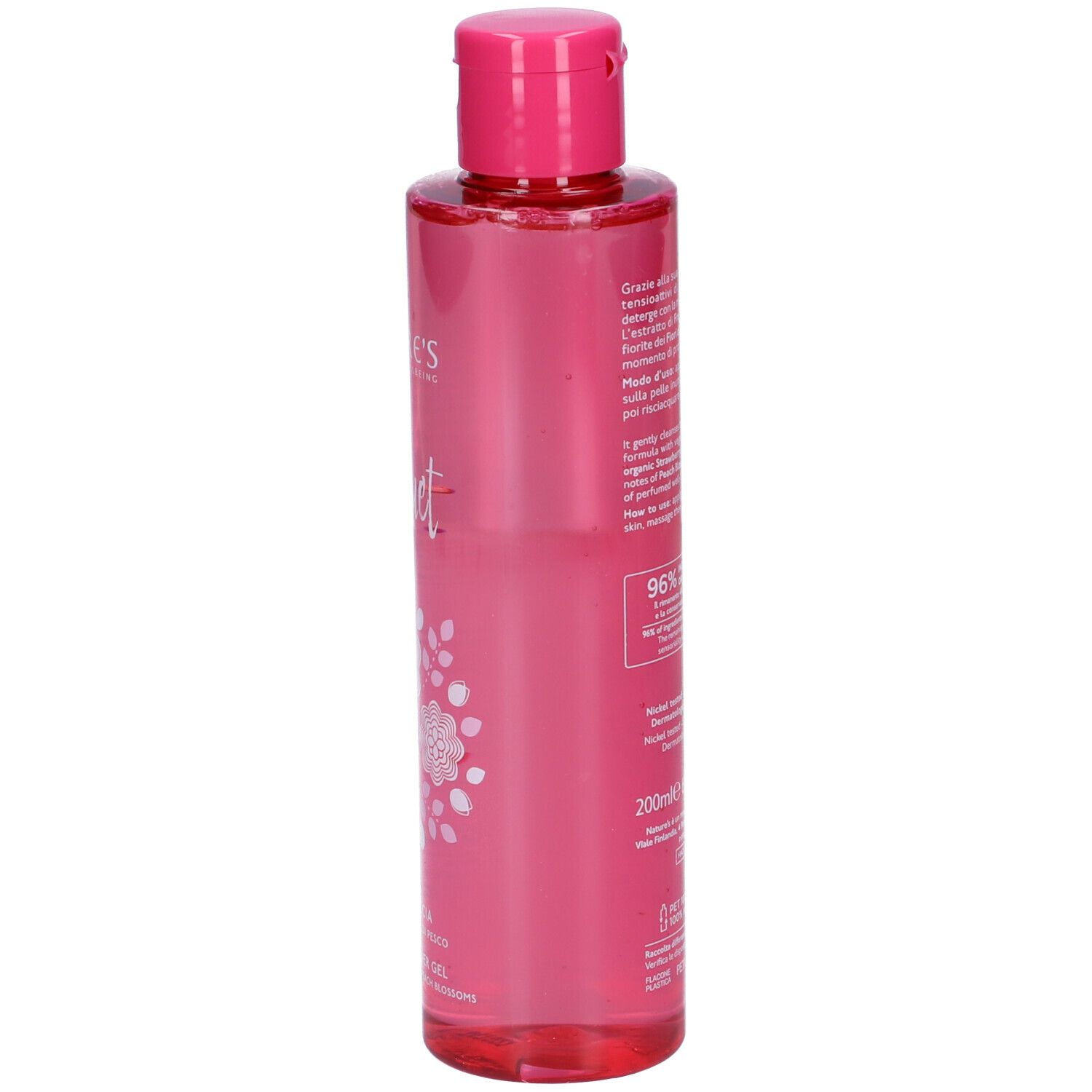 Flacone rosa con tappo rosa. Scritta Nature's bouquet Fragola Bagnodoccia. Retro con testo.