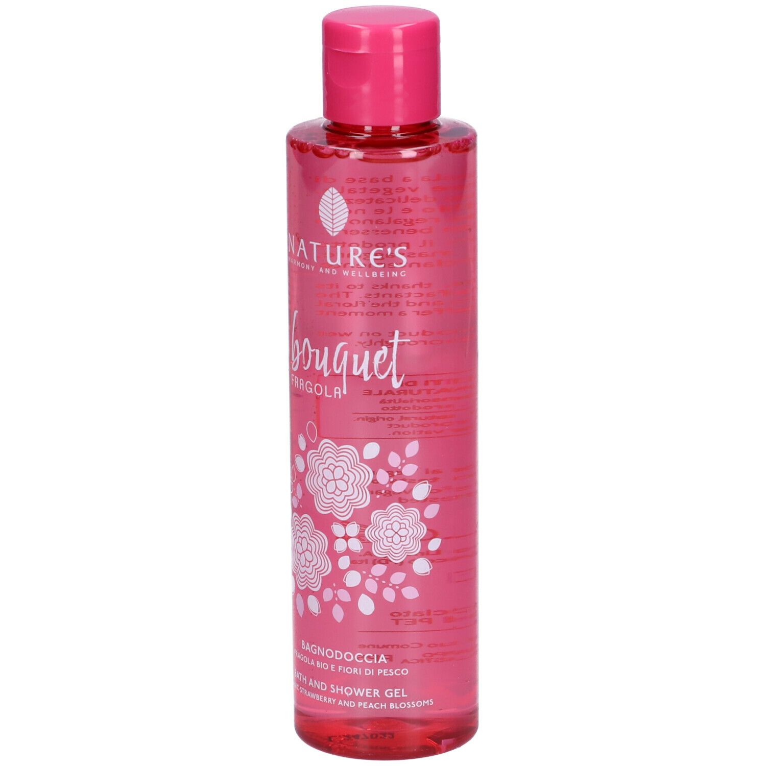 Flacone rosa con tappo rosa. Scritta Nature's bouquet Fragola Bagnodoccia. Decorazioni floreali.