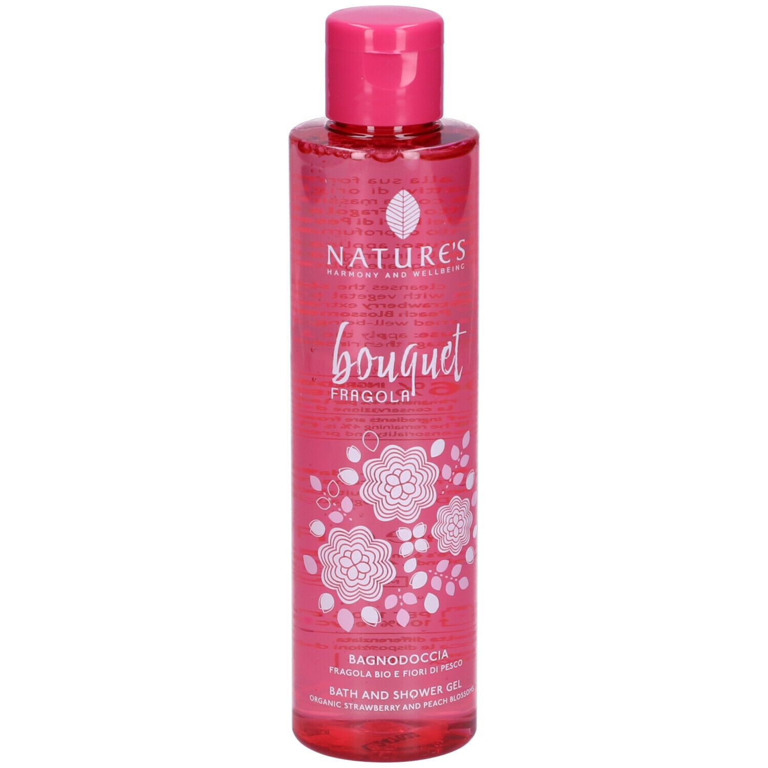 Flacone rosa con tappo rosa. Scritta Nature's bouquet Fragola Bagnodoccia. Decorazioni floreali.