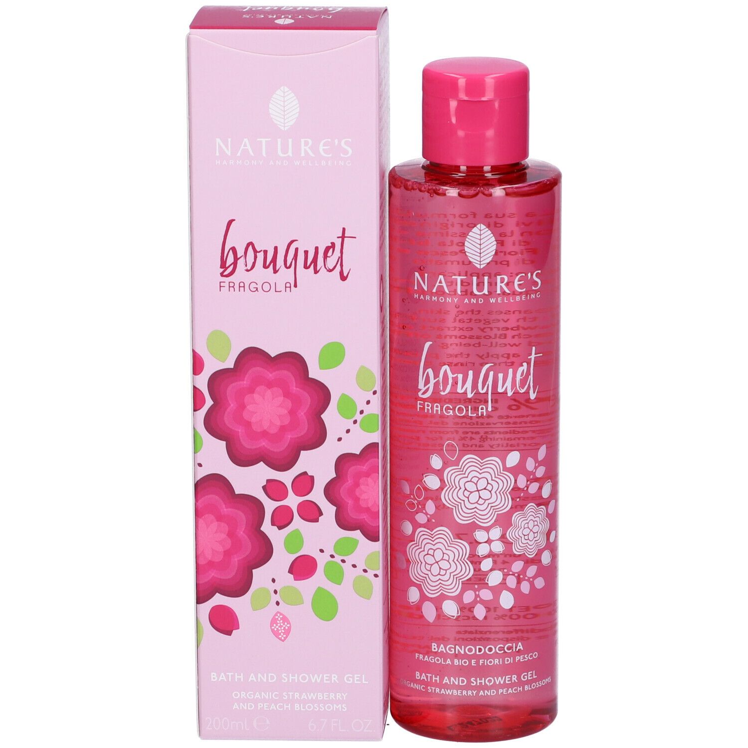 Prodotto e confezione. Flacone e scatola rosa. Scritta Nature's bouquet Fragola Bagnodoccia.