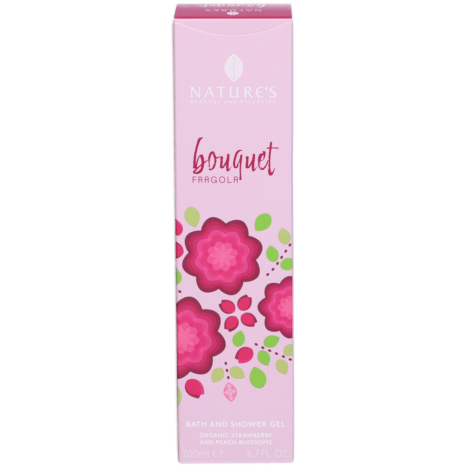 Scatola rosa. Scritta Nature's bouquet Fragola Bagnodoccia. Decorazioni floreali.