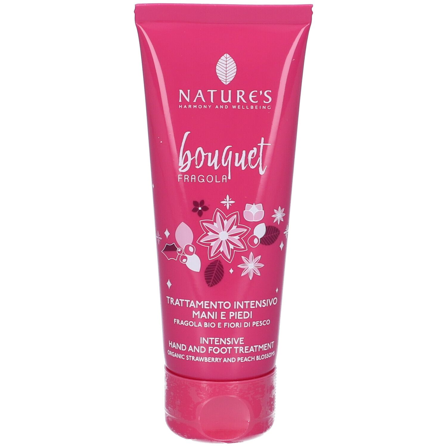 Tubo rosa con scritte: Nature's Bouquet, bouquet fragola, Trattamento intensivo mani e piedi. Logo e dettagli.