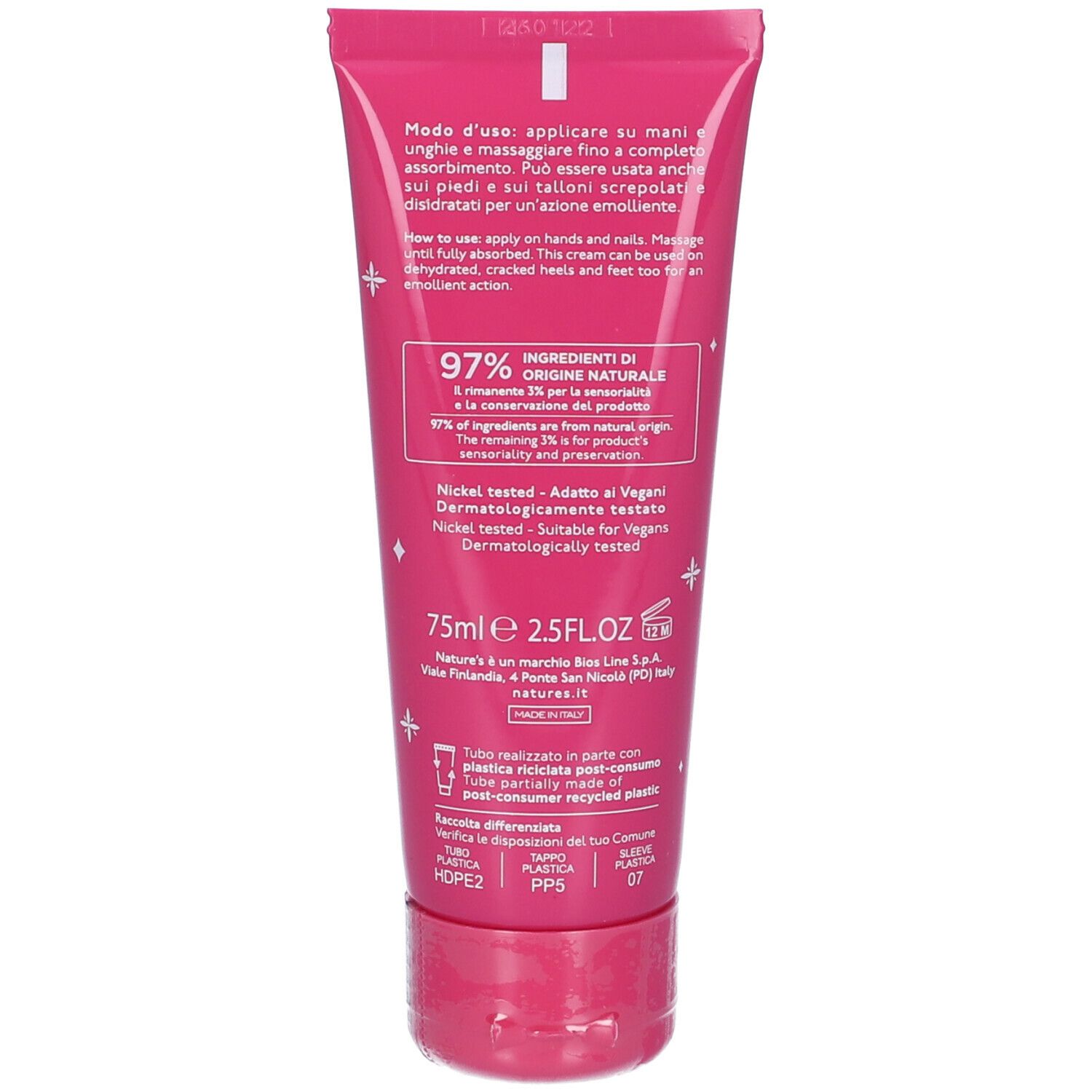 Retro del tubo. Testo: Modo d'uso, 97% Ingrédients d'origine naturale, Nickel tested, 75ml, Nature's.