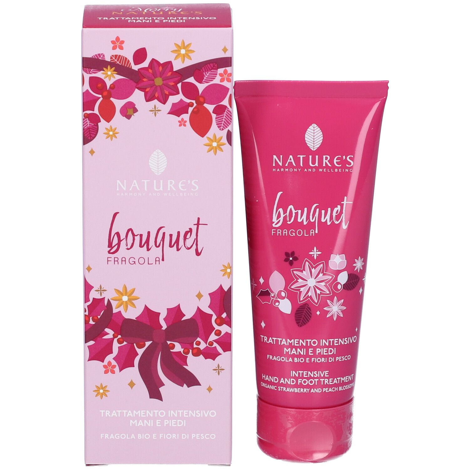 Confezione e tubo. Confezione rosa, testo: Nature's Bouquet, bouquet fragola, Trattamento intensivo mani e piedi.