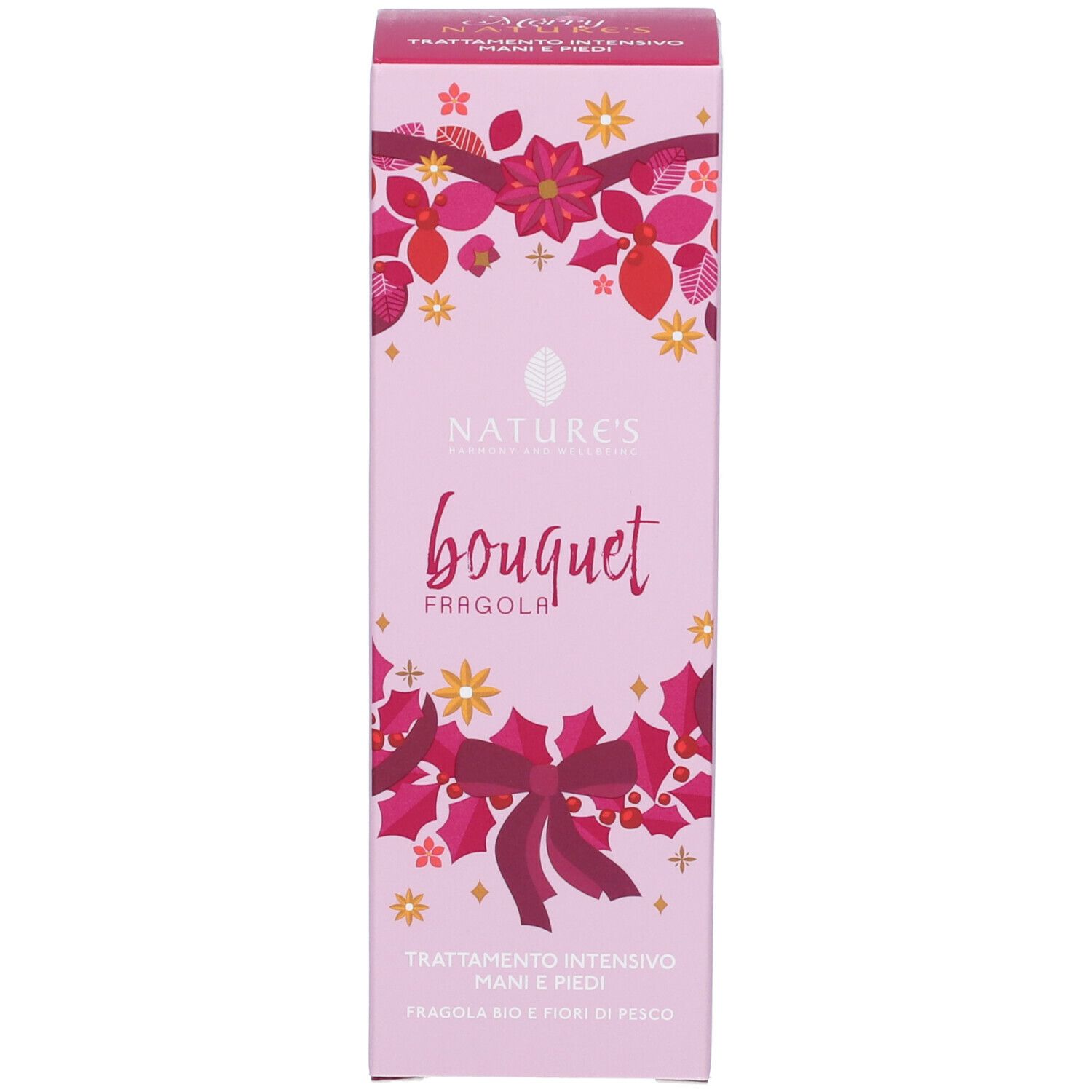 Confezione rosa. Testo: Nature's Bouquet, bouquet fragola, Trattamento intensivo mani e piedi. Decorazioni.