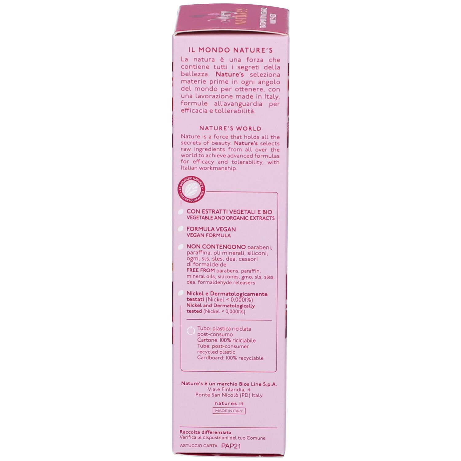 Confezione. Testo: Il mondo Nature's, con estratti vegetali e bio, formula vegan, Nickel tested.