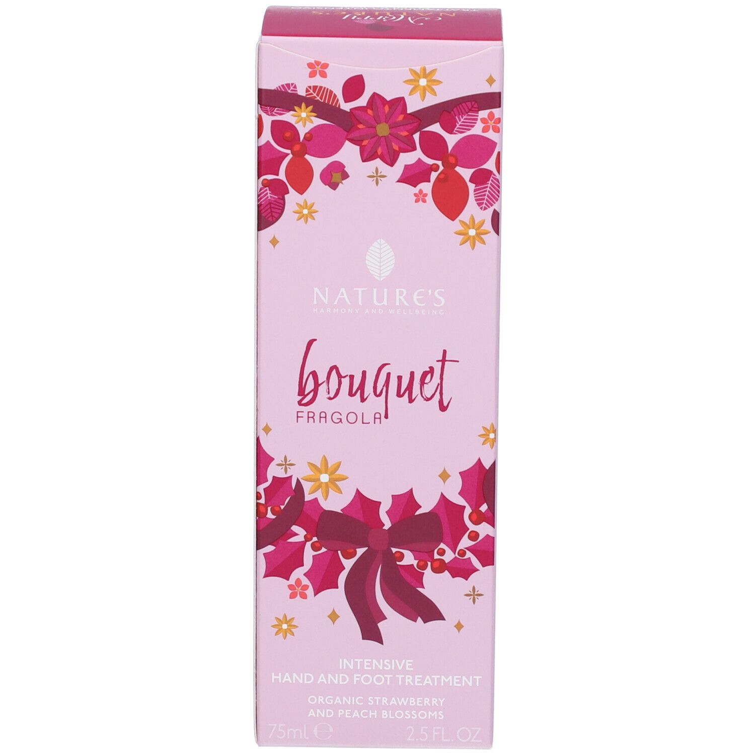 Confezione. Testo: Nature's Bouquet, bouquet fragola, Trattamento intensivo mani e piedi. 75ml.