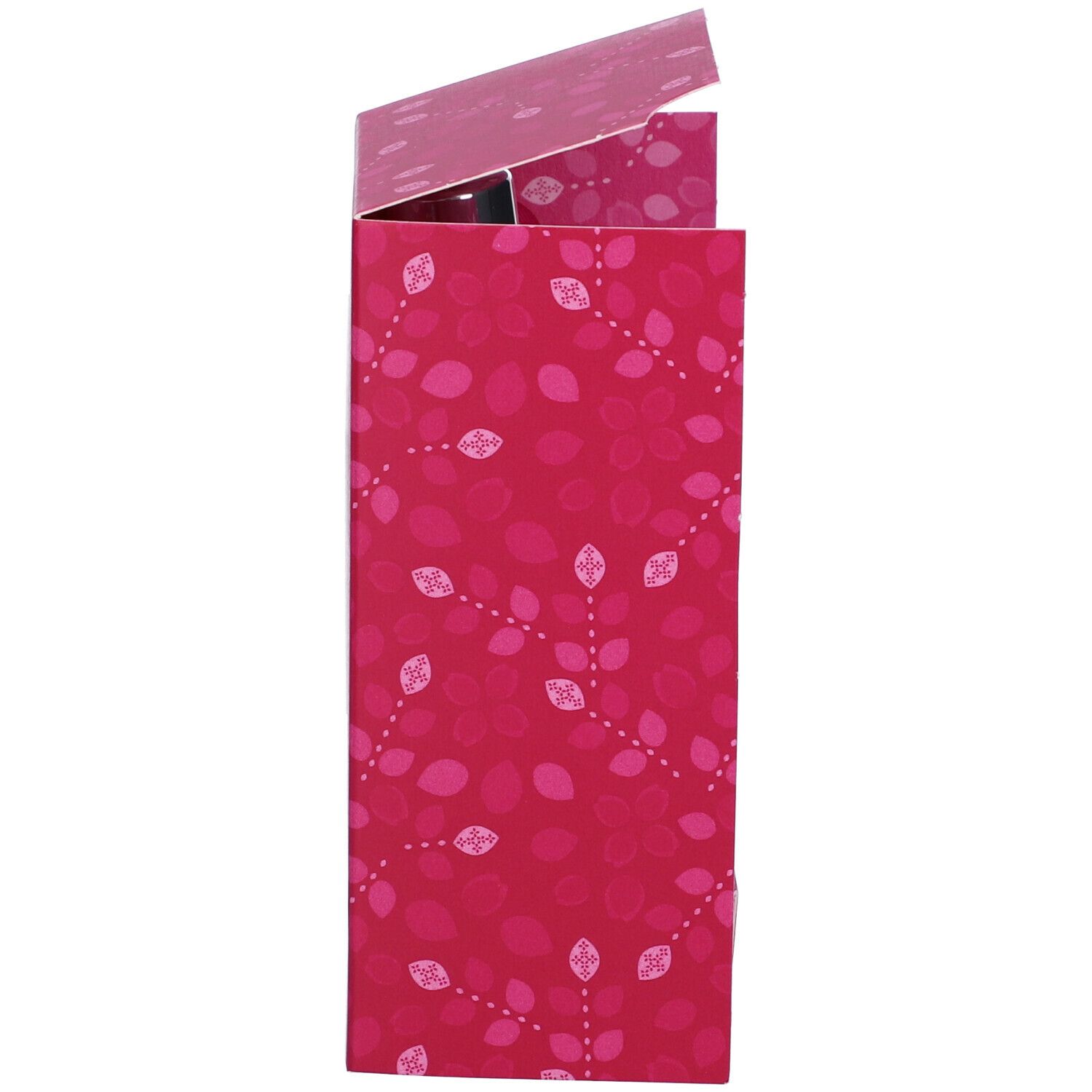 Vista laterale della confezione regalo. Motivo a foglie rosa. Coperchio leggermente aperto.